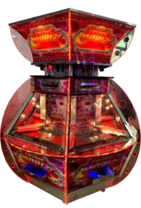 Commercial coin pusher machine with clear prize window, LED lighting, and durable cabinet for arcades and entertainment venues.