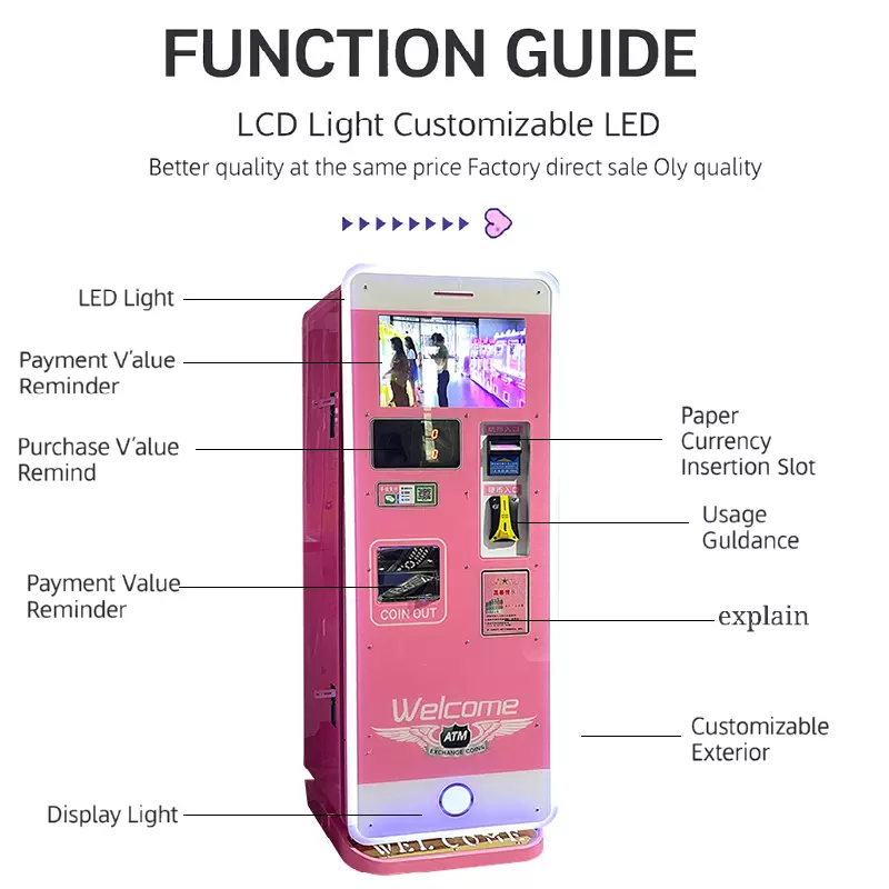 Arcade Cash-to-Coin Kiosk Function Guide with Customizable LED Lights & Payment Value Reminders