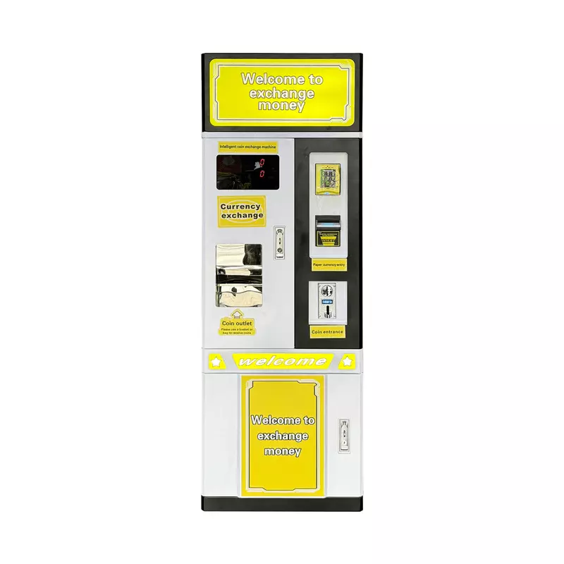 Arcade Token Exchange Kiosk Front Interface: "Welcome to Exchange Money" Prompt, Currency Exchange Area & Coin Outlet