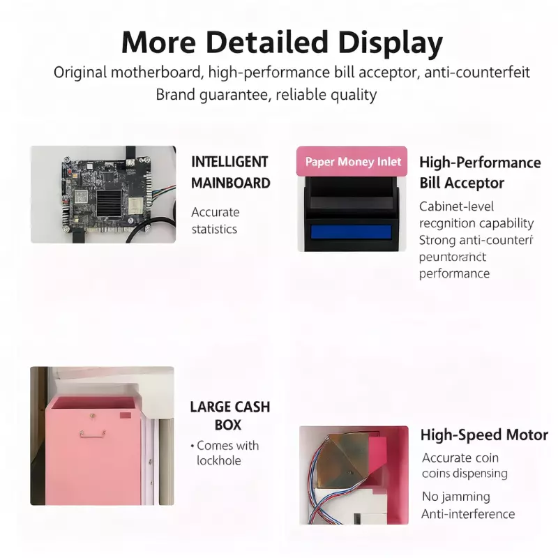 Token Dispenser Internal Components: Intelligent Mainboard (Accurate Stats), High-Performance Anti-Counterfeit Bill Acceptor & Lockable Cash Box